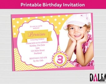 Photo Invitation - Pink and Yellow Printable Birthday Invitations - 3rd Birthday - 2nd Birthday - Digital Invitation - Printable Invitation!