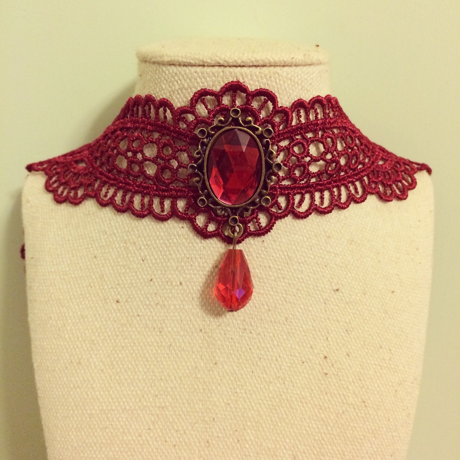 Romantic Red Lace Choker with Ruby Red Acrylic Rhinestone