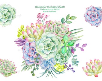 Watercolor clipart (1) - Hand painted watercolor succulent plants printable instant download wedding bouquet, wedding invitations