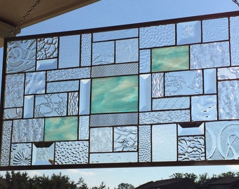 Sky Blue Wispy Heaven Stained Glass Panel with a Multitude of Bevels and Gorgeous Clear Patterned Glasses