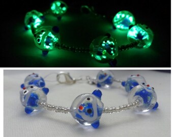 Glowing Bracelet - Glow in the dark Bracelet - Monkey Beads - Glowing Jewelry - Glow in the Dark Jewelry - Lampwork Beads - Blue Bracelet