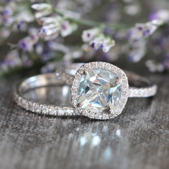 Aquamarine Wedding Ring Set in 14k White Gold Halo Diamond 8x8mm ...