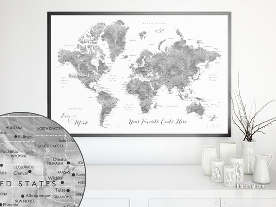 Custom quote PRINTABLE world map with cities by blursbyaiShop