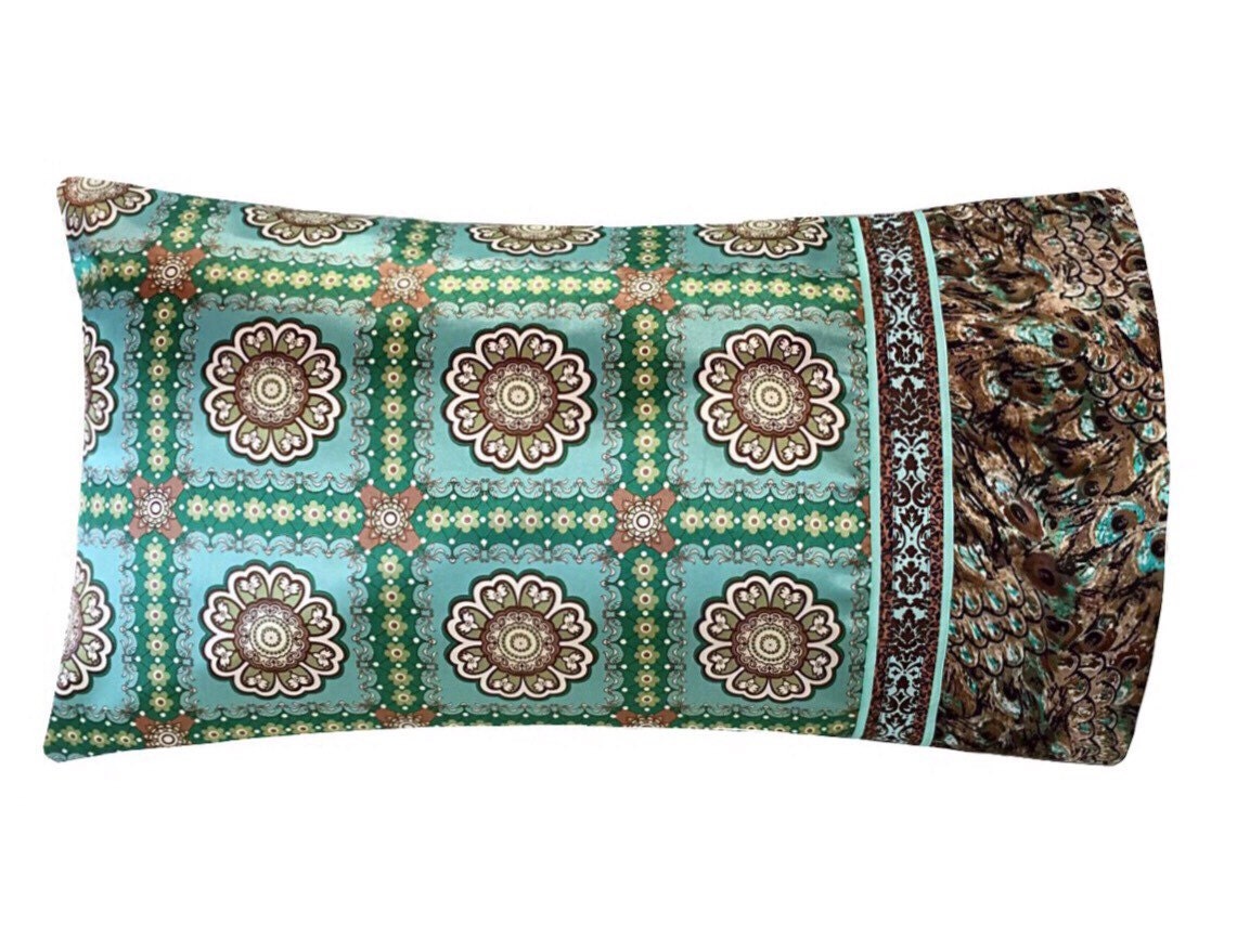 Aqua & Brown Satin Pillow Case, Suzani Floral Print
