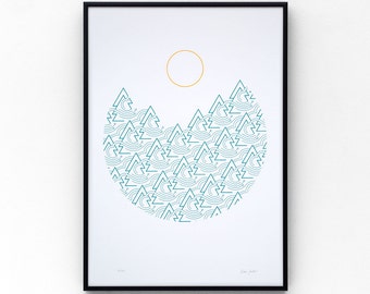 Cloud Forest A3 limited edition screen print, hand-printed in green and orange