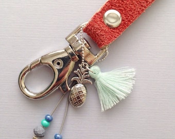 Neck lanyard, keychain, violet, light blue pineapple, 25 cm long, 1 cm wide