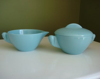 SALE-Vintage Melmac Cream and Sugar Set - Aqua/Turquoise - Unmarked