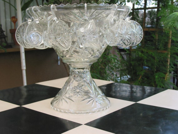 Gorgeous Vintage Cut Crystal Punch Bowl On Pedestal Set 26 3492