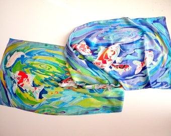 Women gift Handpainted silk scarf Women scarf Hand painted silk Koi fish art Japanese koi painting Original silk painting Gift for sister
