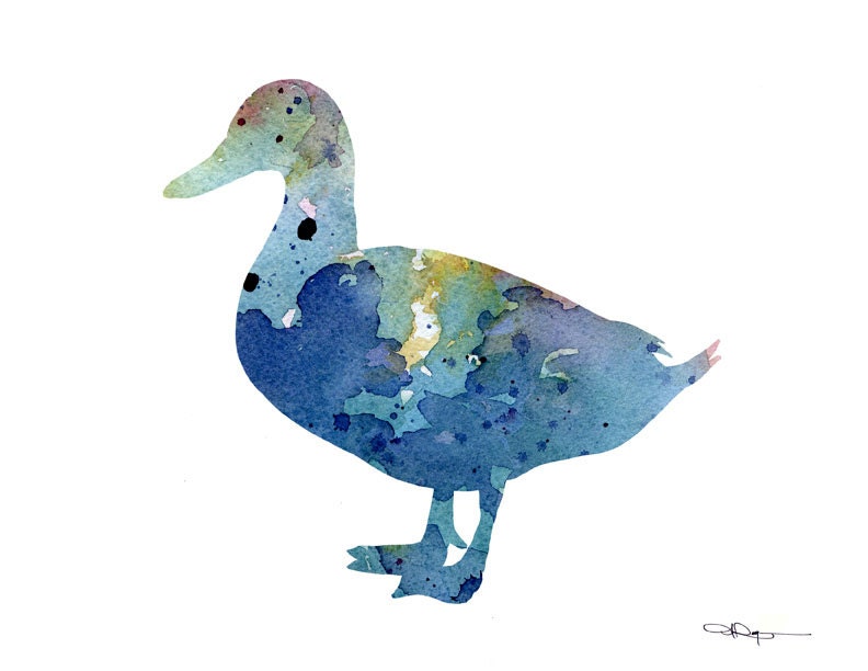 Blue Duck Art Print Abstract Watercolor Painting by 1GalleryAbove