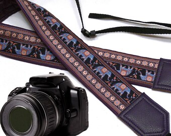 Dark purple camera strap with lucky elephant design . Ethnic camera strap. DSLR / SLR Camera Strap. Camera accessories by InTePro.