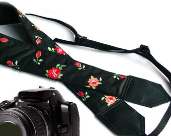 Black Camera strap with flowers. DSLR / SLR Camera Strap. Camera accessories. Durable, light weight and well padded camera strap.