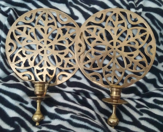 A Set of Two Gorgeous Vintage Round Brass Candle Holder Wall