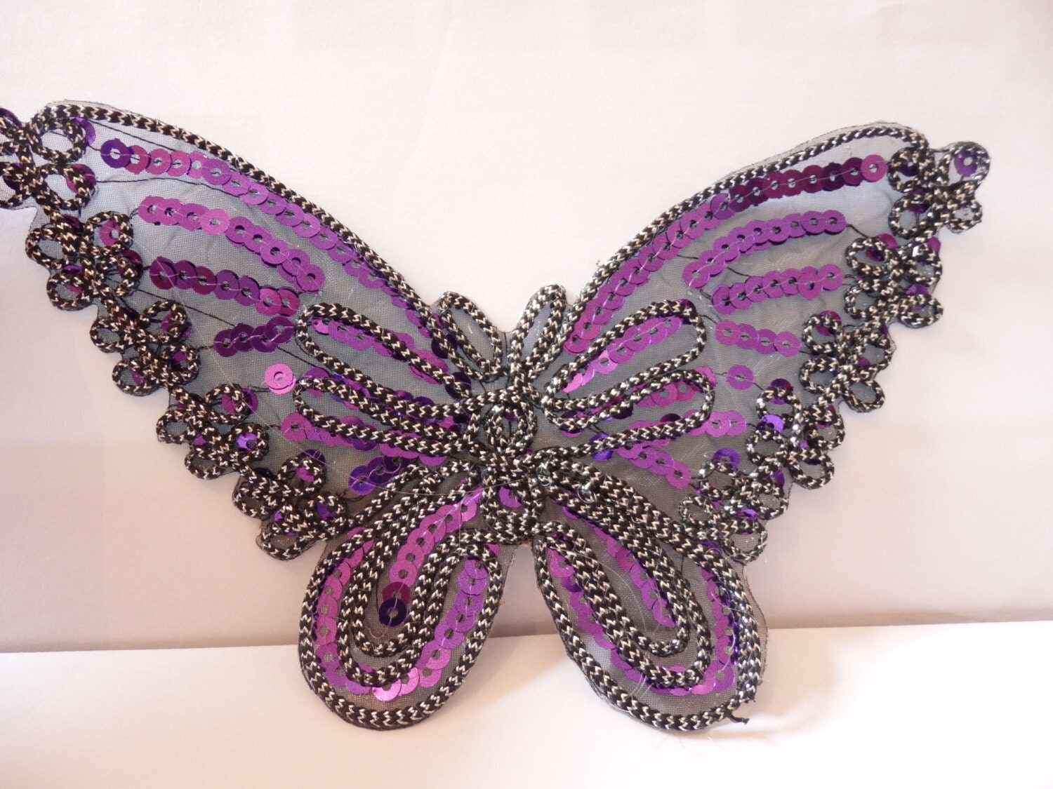 2 Large purple butterfly sequin applique embroidery lace iron