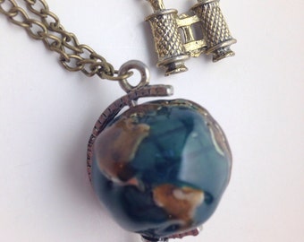 Antique Gold Globe and Binoculars Necklace