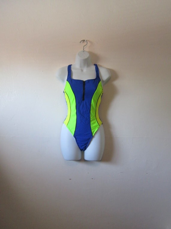 80s Scuba Style One Piece Bathing Suit Neon By Oneforallvintage 9603