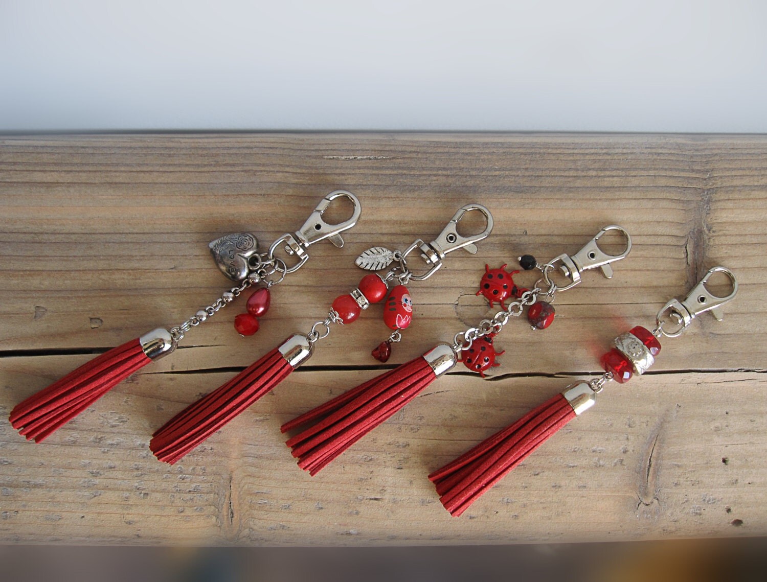Red Dog Collar Tassels Keychain with charm. Jewelry for