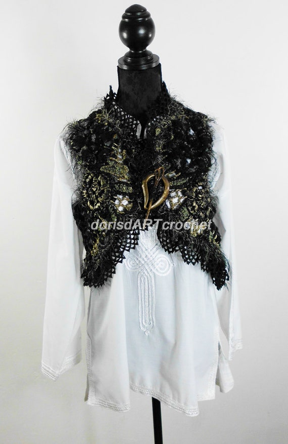 Statement vest, vest Glamour, Gothik, synthetic leather vest, Exclusive vest, Steampunk, Slow Fashion, Boho, bolero, Gothik by dorisdARTcrochet steampunk buy now online