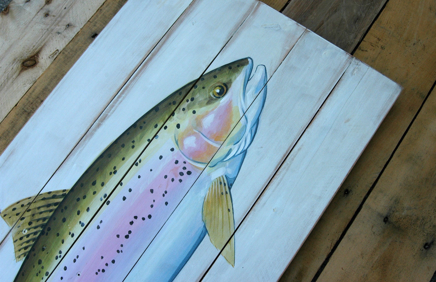 Rainbow trout painting on handmade wood panel rustic