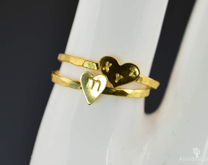 Gold Heart Ring, Sterling Silver, Stacking Ring, Personalized Heart Ring, Golden Silver Ring, Initial Heart Ring, Initial Ring, BFF Ring