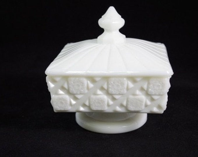 Storewide 25% Off SALE Vintage Cambridge Milky White Glass Covered Candy Dish Featuring Delicate Patterned Design And Ornamental Finial Lid