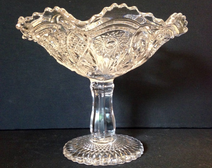 Storewide 25% Off SALE Large Vintage Crystal Pedestal Compote Featuring Elegant Cut Glass Style Design With Floral Ruffle Patterns