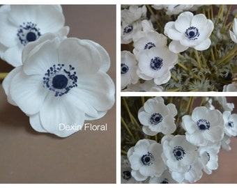 Natural Real Touch Not Silk White Anemones Deep Blue Center Single Stem for Wedding Bridal Bouquets, Centerpieces, Decorative Flowers