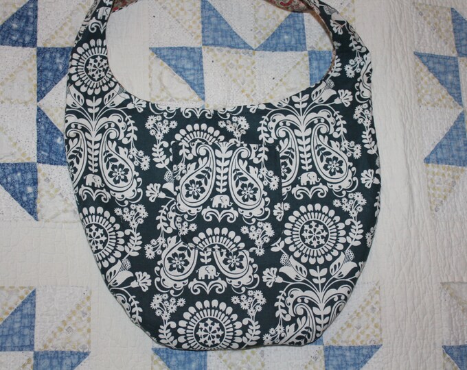HALF PRICE ** Reversible Cross Body Sling Bag Purse. Pale Green Paisley and Charcoal Grey Damask prints. Many pockets. Great gift