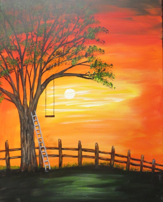 Tree Swing at Sunset Painting 16 x 20 Acrylic on Stretched