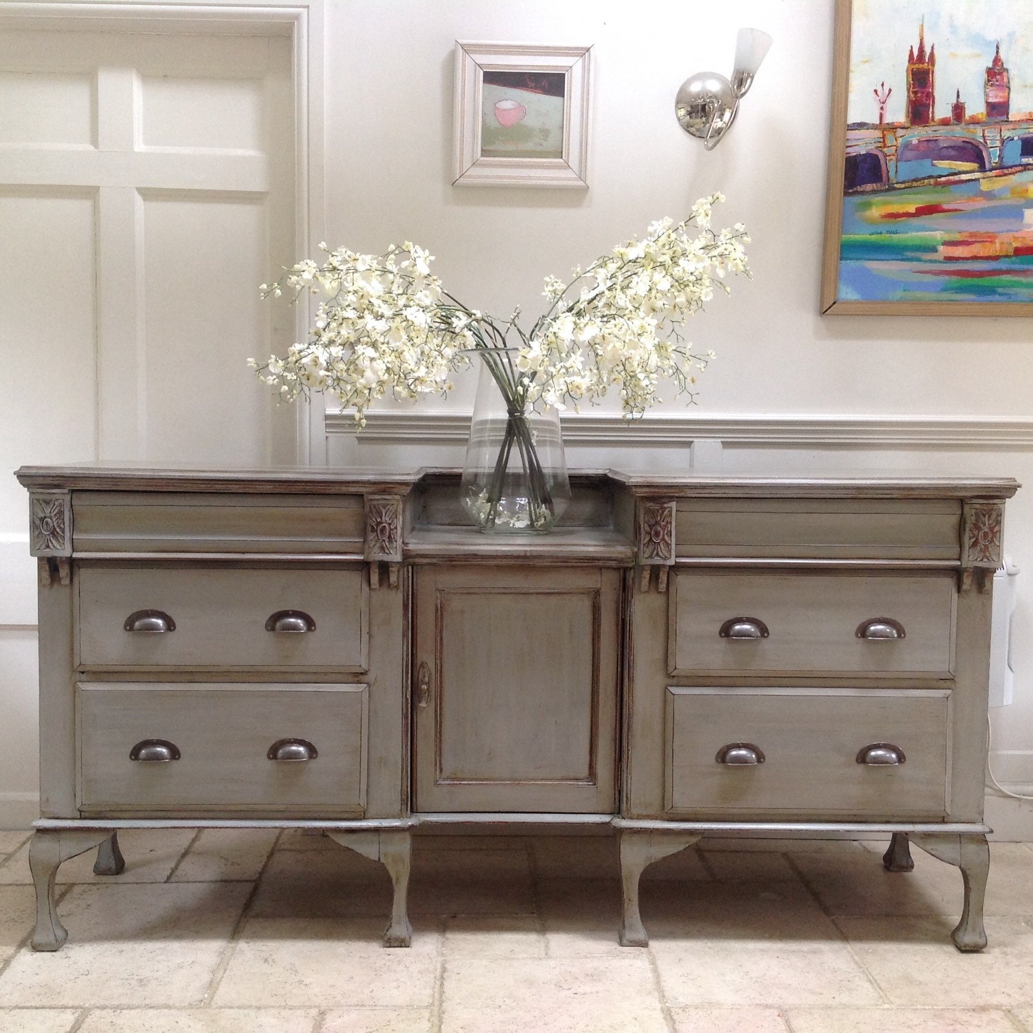 Large Antique Grey Hand Painted Victorian Mahogany Sideboard Dresser