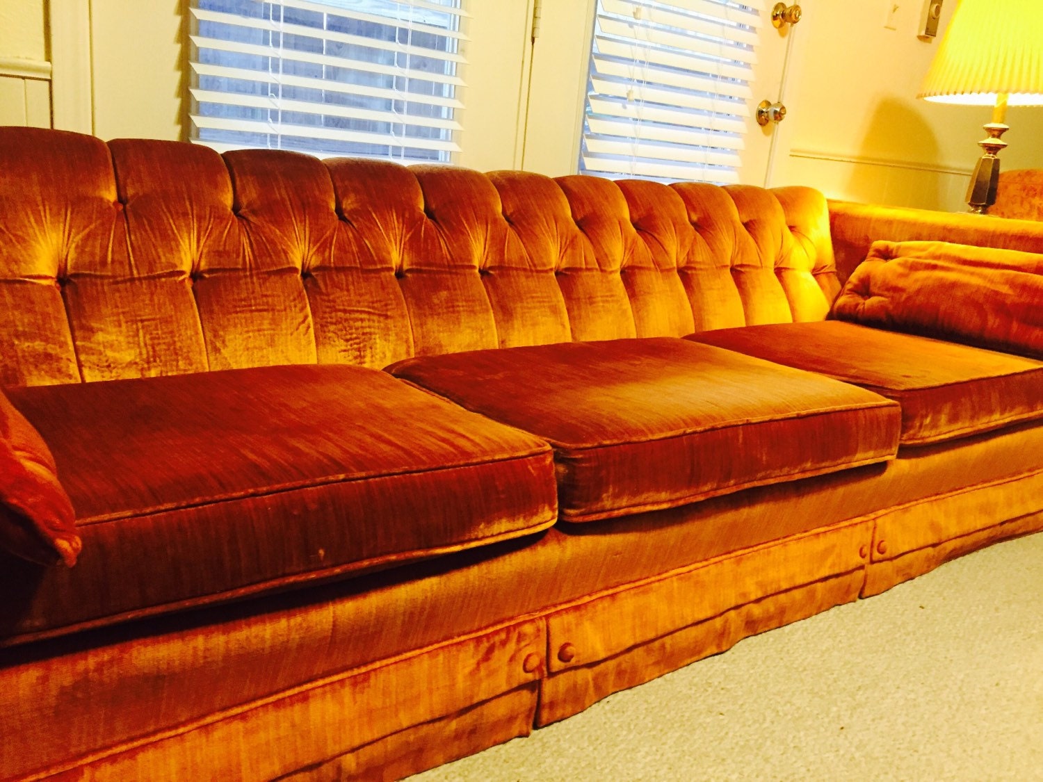 RESERVED Beautiful Vintage Tufted Orange Velvet Couch an