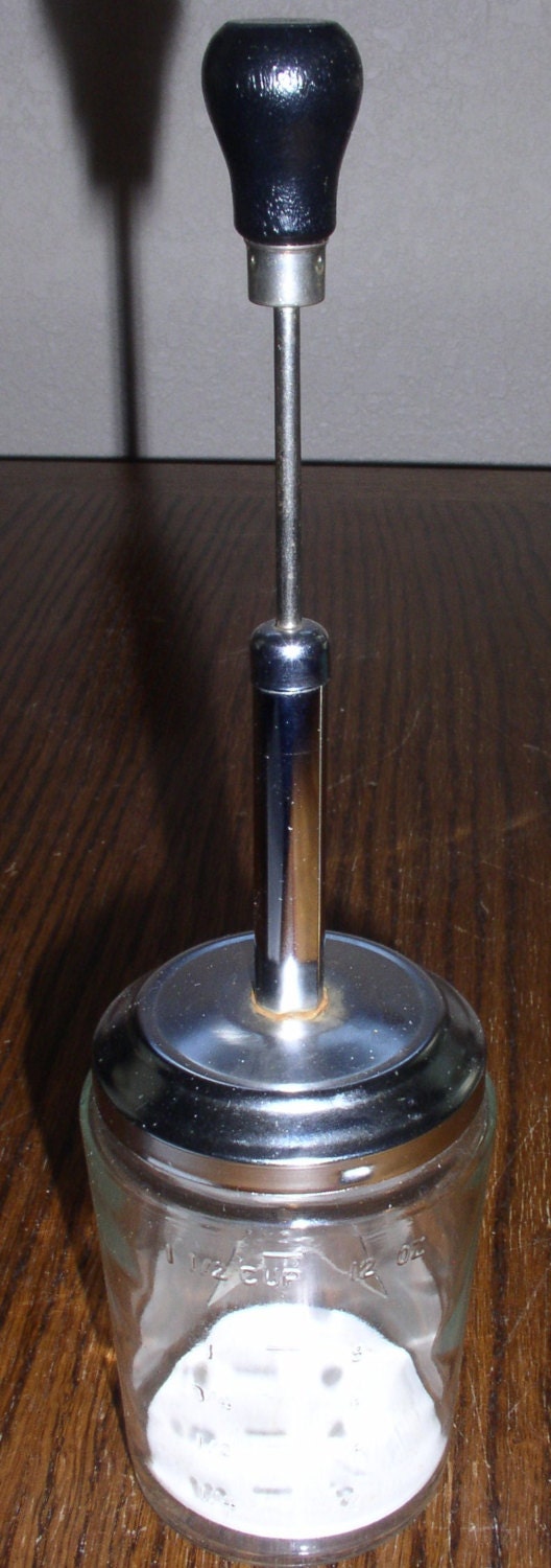 Vintage ACME Food Chopper 12 oz Glass Jar Wood Knob Plunger Haute