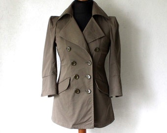 MARIMEKKO Khaki Double Breasted Jacket 3/4 Sleeves Trenchcoat Small Size