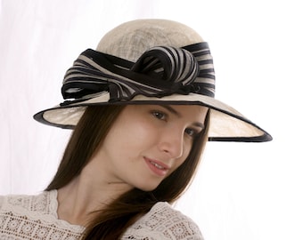 Cream wide brim hat, Asymmetric wide-brim hat, Kentucky derby hat, Wedding hat, Tea Party hat, Ascot hat, 20's style hat