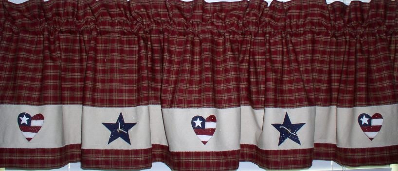 Americana Hearts and Stars Valance Berry Homespun Plaid USA