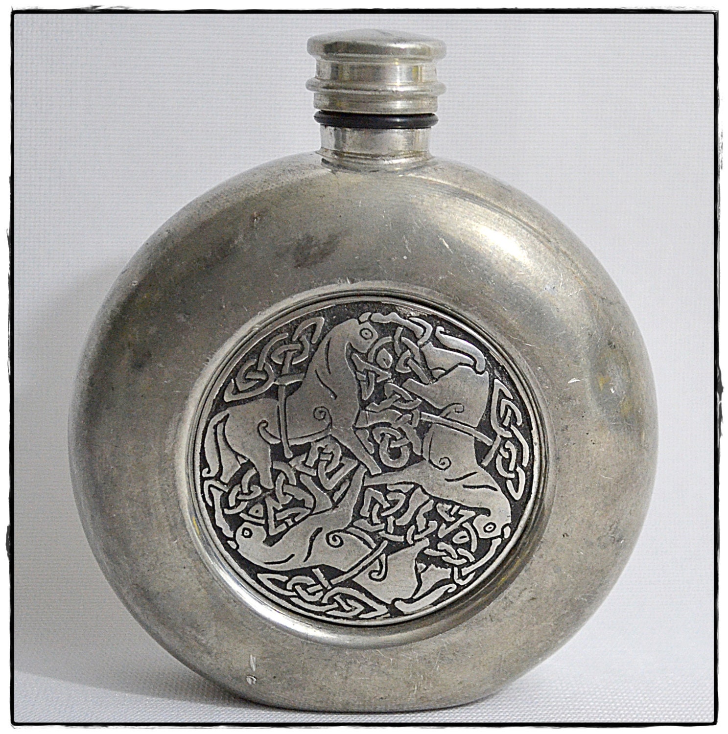 Vintage St. Justin Celtic Pewter Flask Horse Design