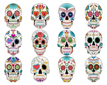 Sugar Skull Clip Art- Set of 12 Colorful Sugar Skulls, PNG, JPG and Vector Files