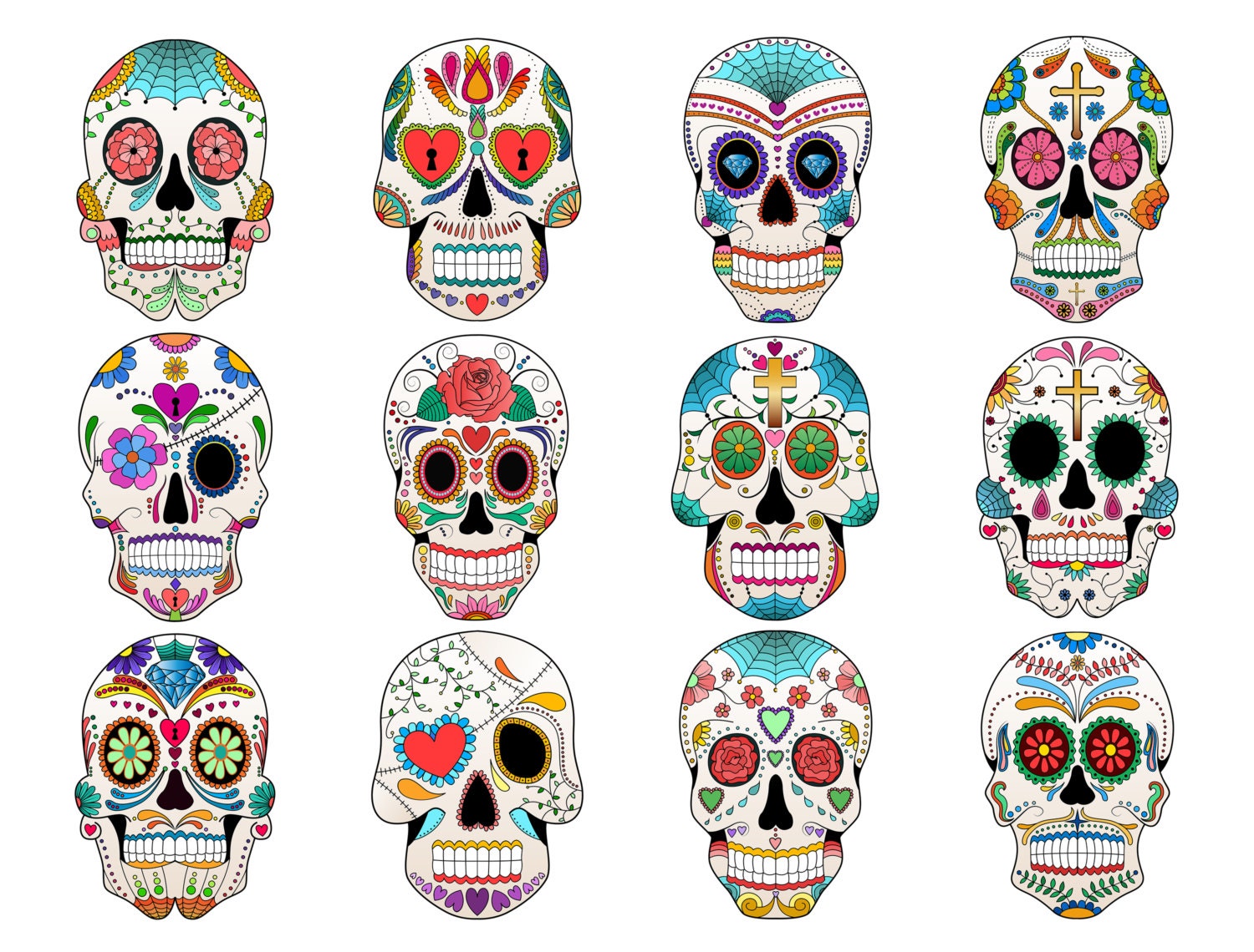 Sugar Skull Clip Art Set of 12 Colorful Sugar Skulls PNG
