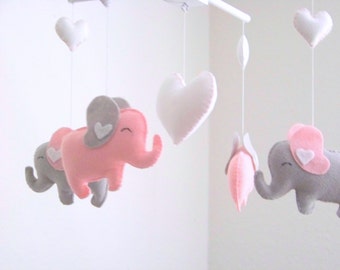 Elephant baby mobile, pink gray mobile, pink elephant mobile, gray elephant mobile, heart baby mobile, baby mobile