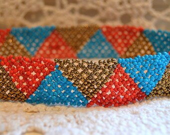 Blue Coral and Gold Beaded Headband, tribal headband, native american headband, hippie headband, bohemian headband, women headband, headband