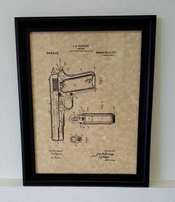 Framed Gun Art Browning Colt 1911 Patent Guns by NewWorldOrdnance
