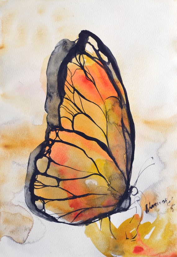 Yellow butterfly watercolor small painting 8x11 A4 original