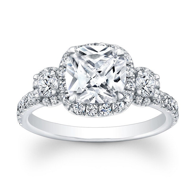 Three-Stone Triple Halo Diamond Semi Mount Engagement Ring No