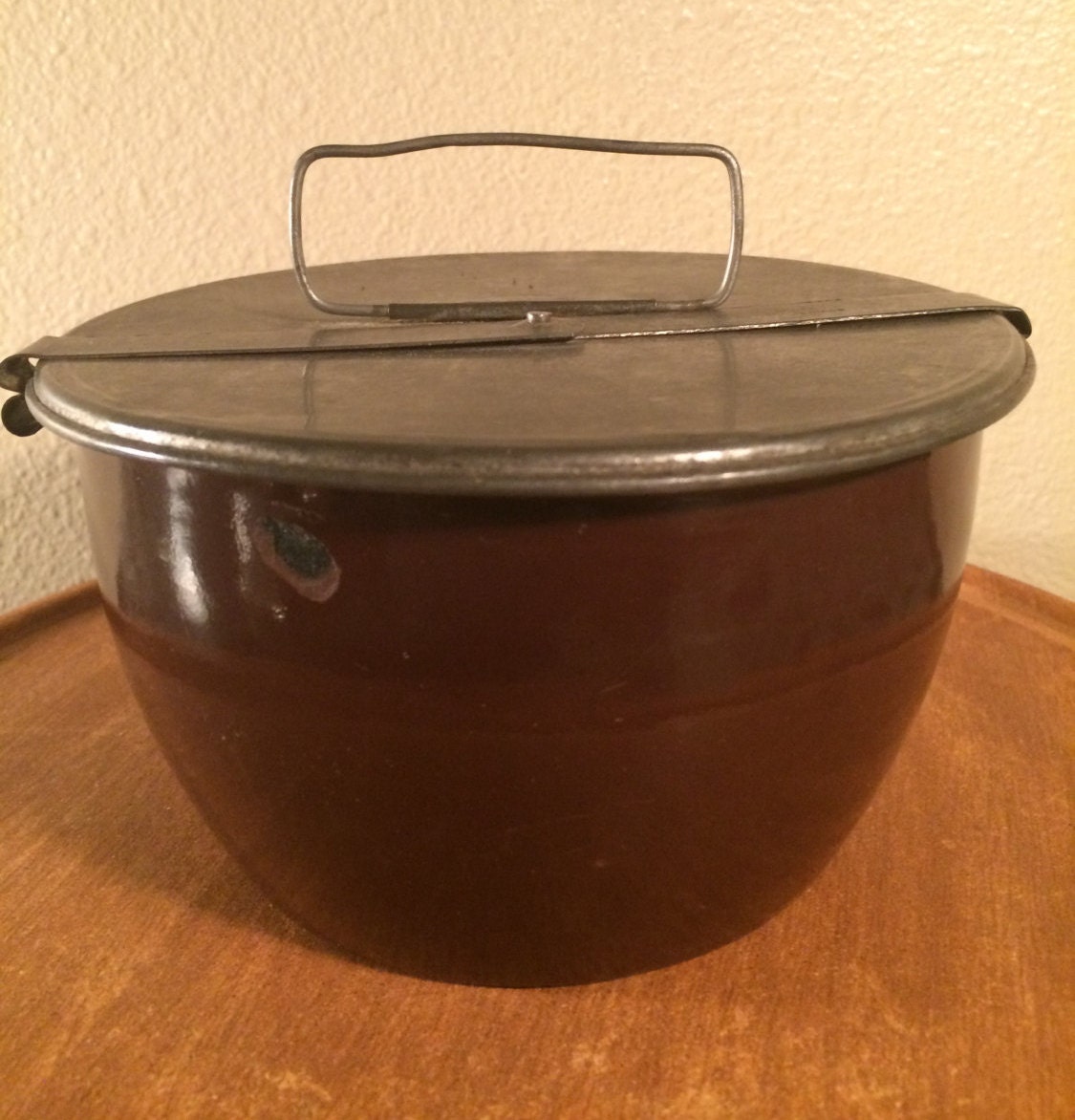 Vintage Enamelware Pail with Lid and Handle and Metal Slide