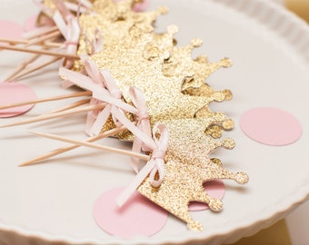 Ready To Ship - Princess Crown Cupcake Toppers In Gold Glitter set of 12