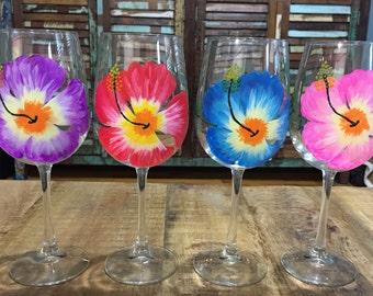Tropical Hibiscus - Set of 4 - Large Hand Painted Wine Glasses