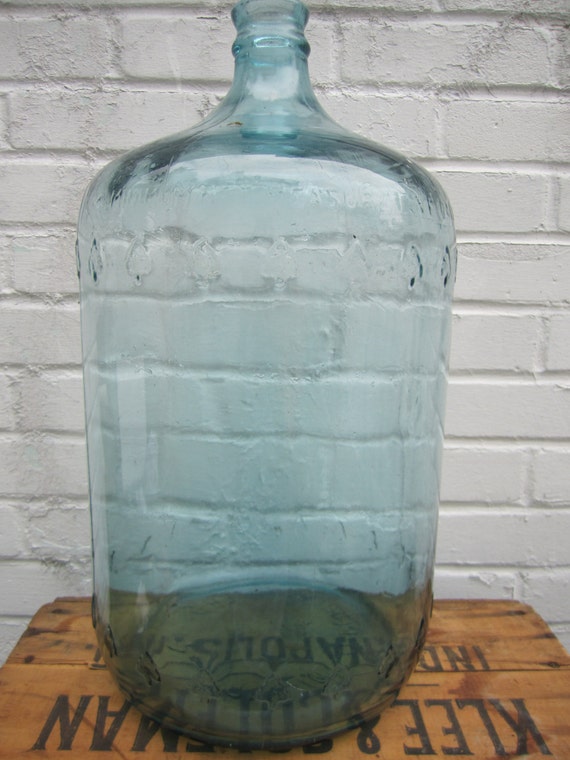 Vintage Carboy Jug Blue Glass 5 Gallon Embossed Trees on