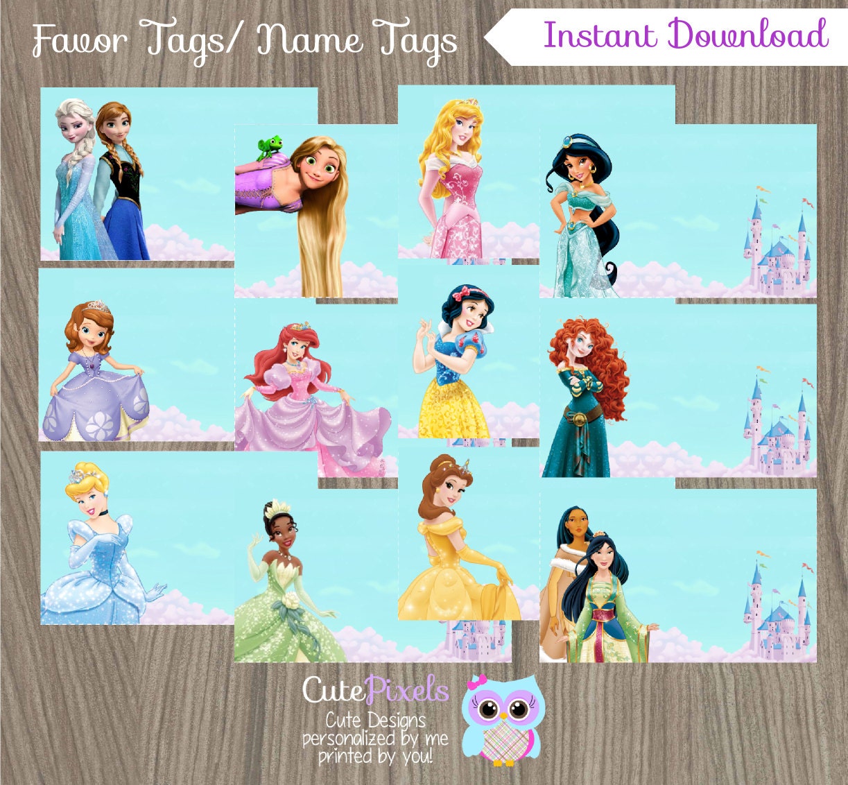 Disney Princess Favor Tags Disney Princess Name Tags by CutePixels