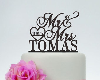Wedding Cake Topper,Mr and Mrs Cake Topper With Surname,Heart Topper,Custom Cake Topper,Personalized Cake Topper,Rustic Cake Topper C079
