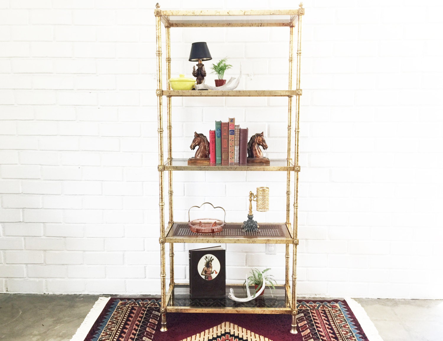 Vintage Brass Etagere / Shelving Unit / Wood Cane Shelf Haute Juice